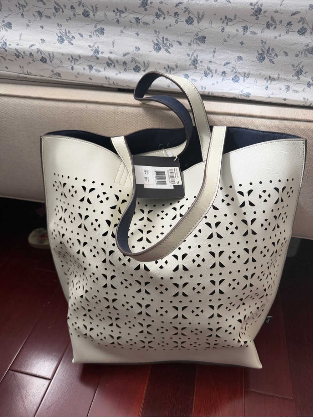 Echo Cream Laser-Cut Tote with Black Trim and Straps